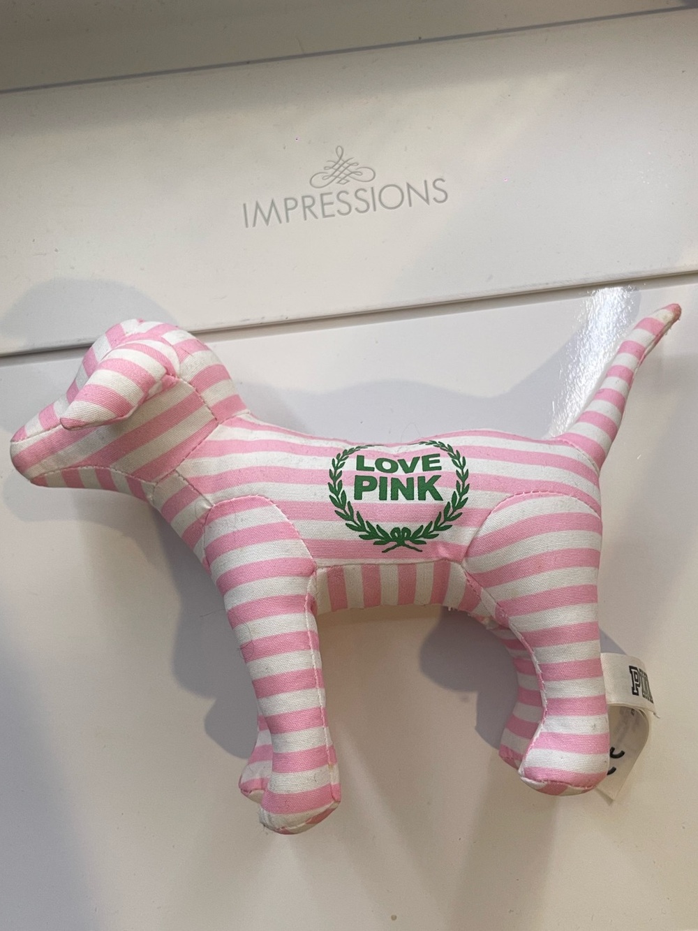 Victoria Secret PINK Decorative Striped Dog Plush with Green Emblem